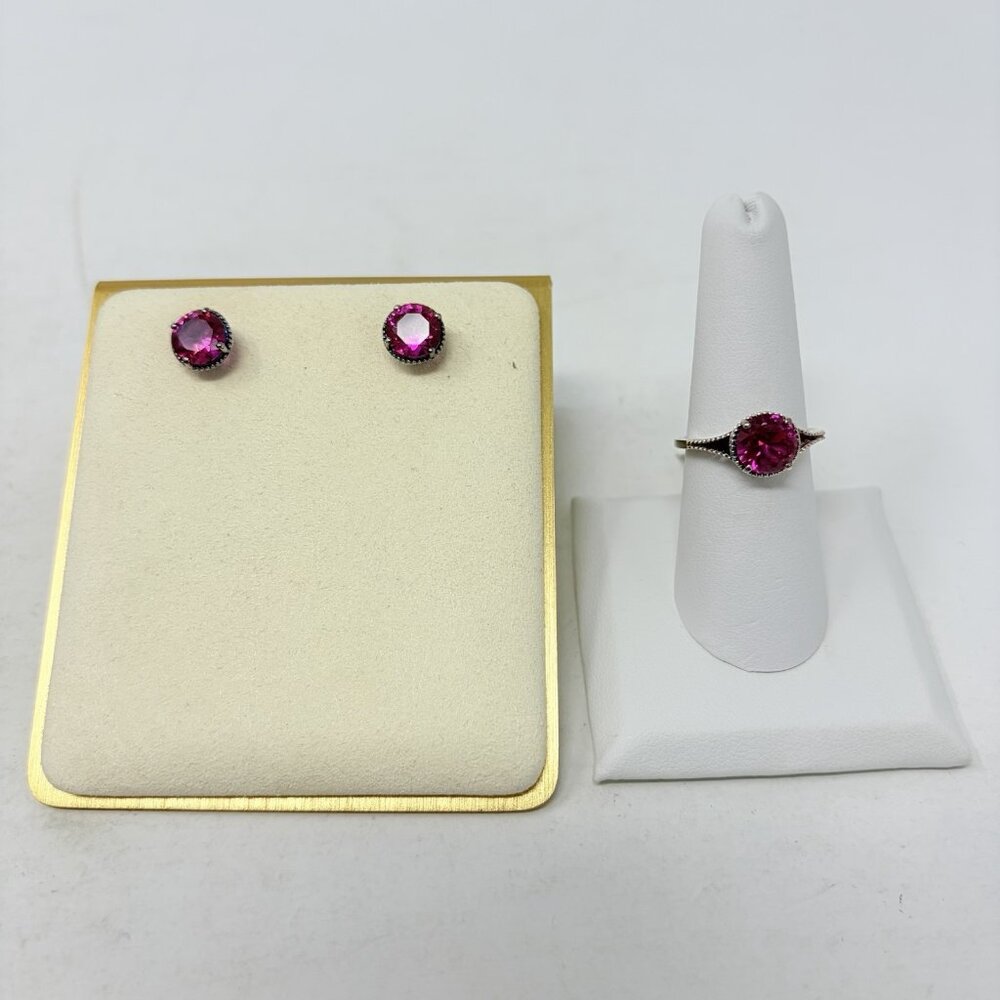 Shop‎ LC Pink Simulated Ruby Sterling Silver Earrings and Size 7 Ring Set 5466